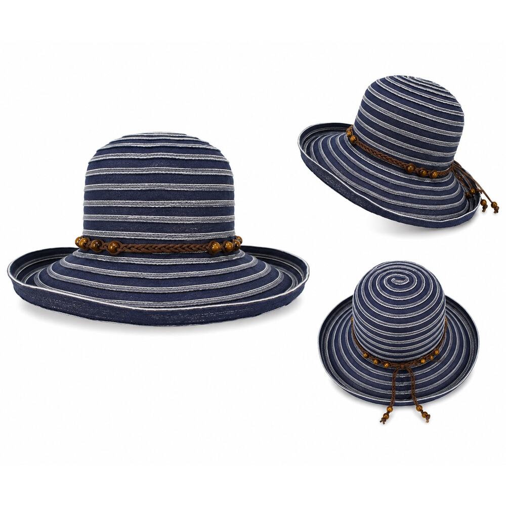 Sunday Afternoons Blue Stripe Wide Brim Sun Hat Womens Medium Beach Travel Hat